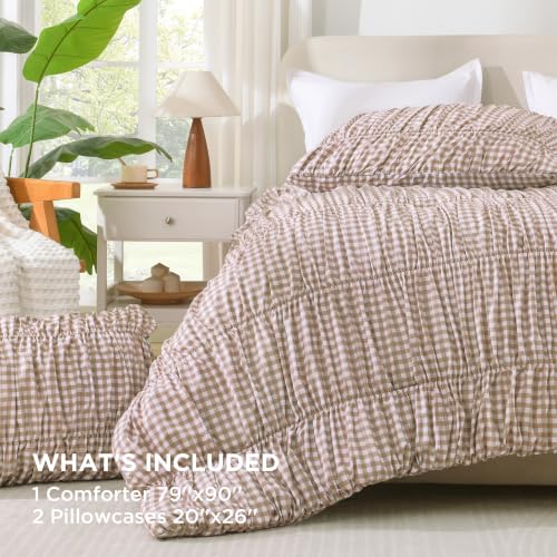 Image of Andency Ruched Gingham Tan Twin Comforter Set, Boho Ruffle Bedding 2 Pieces