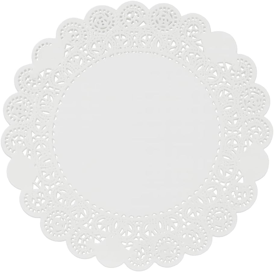 Heyiwell 50PC Disposable Round Greaseproof Paper Doilies, Lace White Placemats Bulk for Cakes, Desserts, Tables, Crafts (16" Inch)