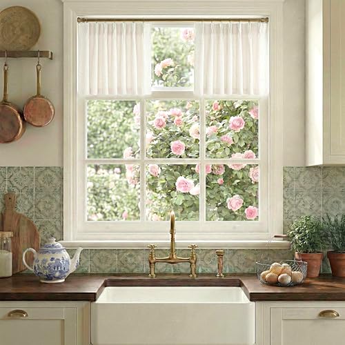 NICETOWN Pinch Pleated Linen Valances for Windows, 2 Panels Set Natural Farmhouse Light Filtering Small Sheer Curtains for Cafe Bar Kitchen Over Sink,