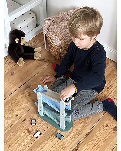 small foot Rennbahn im Kaskadenstil aus Holz, mit Vier Holzautos, für Kinder ab 3 Jahren, 11651, 25 x 10 x 29 cm, Blau