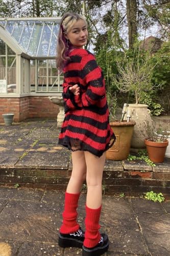 Image of Ro Rox Gothic Knitted Jumper with Distressed Look - Oversized Pullover Ripped Design, Loose Fit, 90s Grunge Stripe Pattern