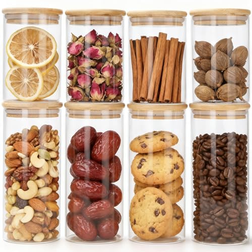 Aevcvok Tarros de Cristal con Tapa, 4x 750ml + 4x 400ml I Botes Cocina Almacenaje con Tapas de Bambú I Recipientes Herméticos para Pasta, Cereales, Legumbres, Café