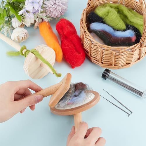 Image of BENECREAT 4Pcs Wooden Wool Carder, Slicker Brush Wood Spinning Tool Felting Tool Kits with 12Pcs Craft Wool Needles for Yarn Blending, Spinning, Weaving Craft Project Supplies