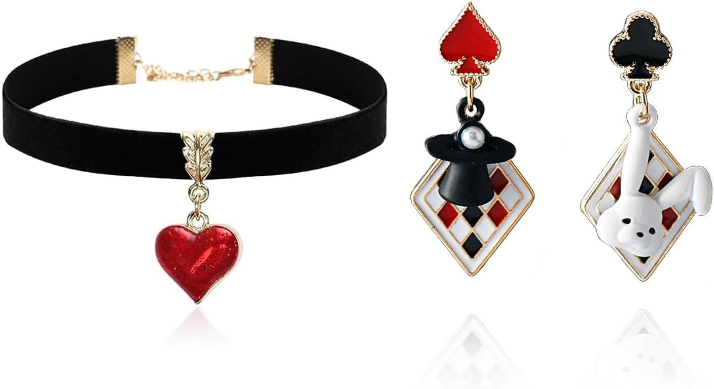 Dcfywl731 Queen of Hearts Costume Women Red Heart Necklace Earrings Set Black Choker Necklaces for Women Gothic Vampire Queen Costume Jewelry Accessories