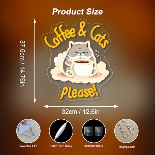 Image of Coffee Cat Please Neon Sign Dimmable LED Wall Light for Cafe Station Decor | 14.76IN*12.6IN,Five level brightness adjustment,USB powered,For Coffee Kitchen Corner Club Window Decor,Party Gifts