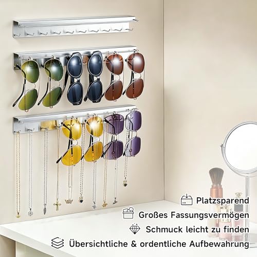2 Stück Brillenhalter Wand & Ketten Aufbewahrung, Sonnenbrillen Aufbewahrung mehrere Brillen, Hängend Schmuckhalter für Halsketten,Armbänd & Ohrringe, Metall Kettenhalter, Brillenständer, Silber