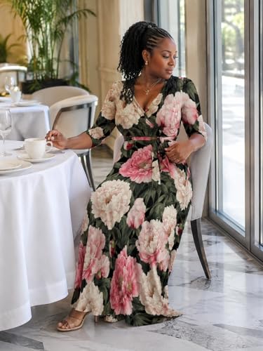 Image of SUZONANA Plus Size Dresses for Women Floral Print Maxi Dress Flowy 3 /4 Sleeve with Belt