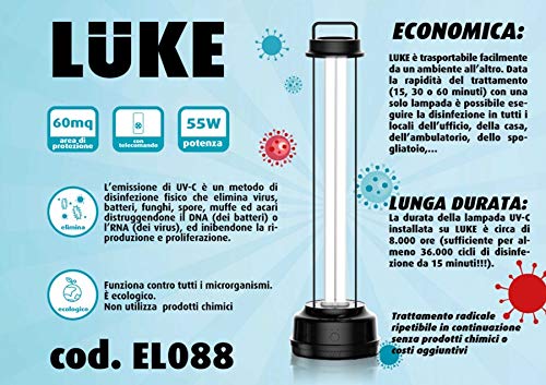 CFG Luke Lampada 55W UV-C Germicida, Disinfezione Purificazione Aria Ambiente, 3 Trattamenti, Fino a 60 mq, Con telecomando