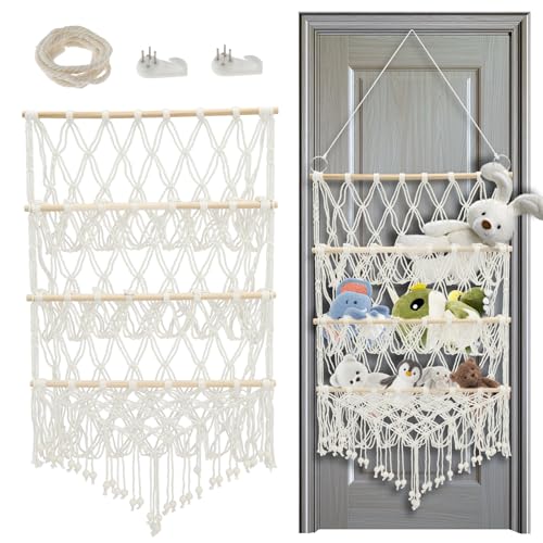Stuffed Animal Storage Hammock, 3-Layer Macrame Storage Net, Large Capacity Over Door Organizer for Stuffies, Hanging Toy Organizer Plush Doll Holder for Kindergarten Playroom Bedroom Kids (Beige)