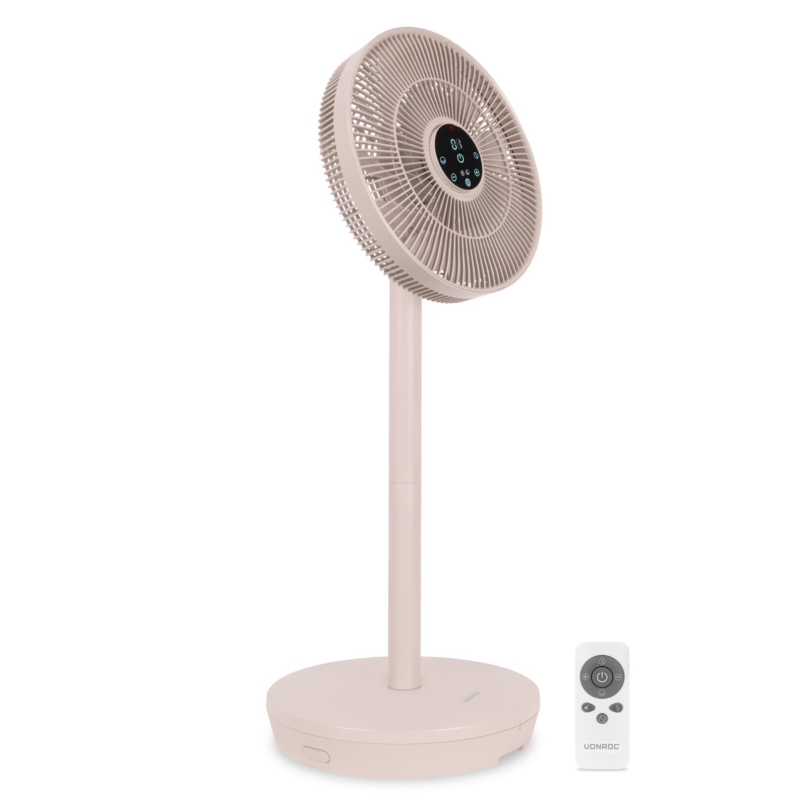 VONROC BREEZE Ventilador silencioso inalámbrico beige – 24 velocidades, 3 modos – táctil y mando a distancia – oscilante, portátil, de mesa o suelo – recargable y compacto