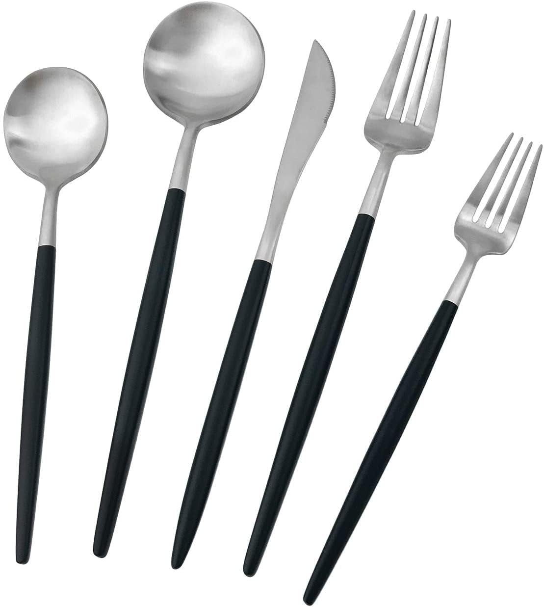 Gugrida,40 pcs Matte Silver Black 304 Stainless Steel Cutlery Forks Spoons Knives Sets for 8, Camping Silverware Wedding Festival Christmas Party Utensils Set Kitchen Dinnerware Set