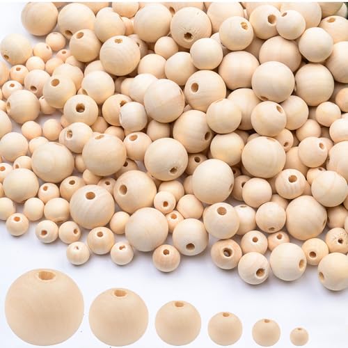 700pcs Wooden Beads for Craft 6 Size Unfinished Loose Wood Beads Set