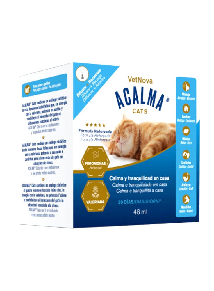 VetNova - ACALMA Cats Difusor con Recambio de Feromonas Felinas con Valeriana, Calma Estrés, Ansiedad y Conductas Indeseadas en Gatos, Viajes, Rascado y Marcaje Recomendado por Veterinarios - 48ml