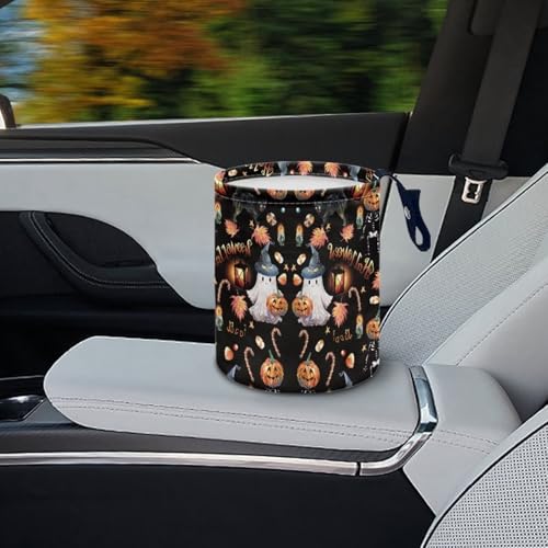 Image of Ghost Pumpkin Maple Leaf Print Portable Car Garbage Bin Halloween Reusable Collapsible Hanging Portable Dustbin Bin Waste Basket Car Accessories Interior for Car SUV Trucks Universal