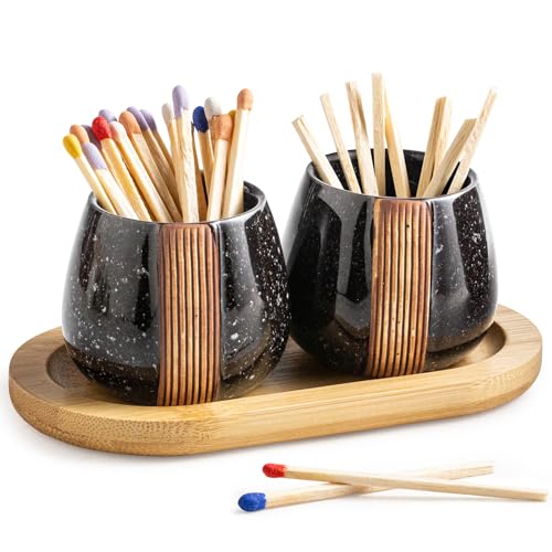 Set of 2 Ceramic Match Holders with Striker - Wooden Tray Matchstick Container Set for Bathrooms, Cafes & Modern Homes- Matches NOT Included, Black