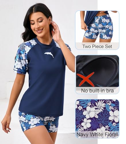Halcurt Women Short Sleeve Two Piece Rash Guard Set UPF 50 Swim Shirt with Board Shorts2