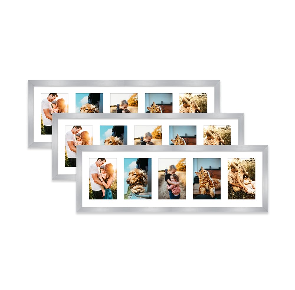 Silver Multi Photo Frame - Holds 5 x 6x4 Pictures, Family Collage Picture Frame for Wall Display, 8x26 Panoramic Frame Size, Set of 3 โ image 1