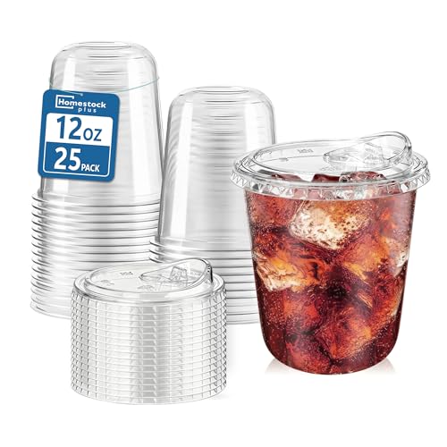 25 Pack 12 oz BPA-Free Clear Plastic Coffee Cups with Strawless Sip Lids - Leak-Proof Disposable To-Go Cups for Iced Coffee Kids Smoothies & Juice Ideal for Daily Use & Small Gatherings