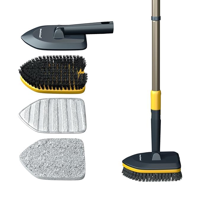 bathroom cleaning brush with long handle, hard bristles, microfiber pad & scrubber combo for tiles, floor, toilet, window & glass - 58.2 inch extendable pole, detachable head