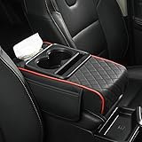 XUKEY Car Armrest Cushion Leather Center Console Covers 5-in-1 Armrest Organizer with Storage Box,Tissue Box,Cup Holder,Phone Slot, Middle Console Cover Cushion Pad Car Interior Organizers, Black-red