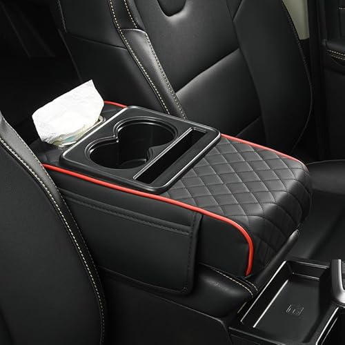 XUKEY Car Armrest Cushion Leather Center Console Covers 5-in-1 Armrest Organizer with Storage Box,Tissue Box,Cup Holder,Phone Slot, Middle Console Cover Cushion Pad Car Interior Organizers, Black-red