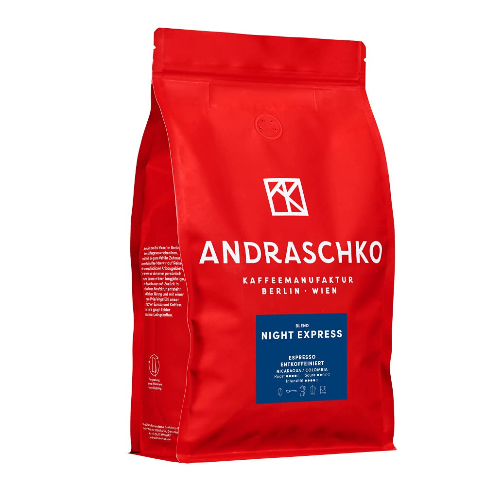 Andraschko Espresso entkoffeiniert - ganze Bohnen - 100 % Arabica - dunkle Röstung, säurearm - 1 Kg - eigene Rösterei - Night Express Espresso Blend