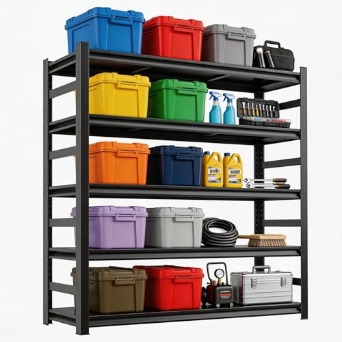 Image of Garage Shelving Unit, Heavy Duty Metal 5-Tier Adjustable Storage, Steel Shelves, Industrial Shelves for Heavy Tools and Equipment, Ideal for Garage Basement, Black
