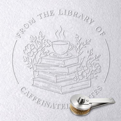 Book Embosser Plate from The Library of Book Stamp Wedding Invitation Stamp Coffee Lover Gifts Silver Embosser Tool for Book Lovers (Caffeinated Quotes)
