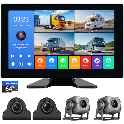 4-Channel 1080p Backup Camera Dash Cam with 10.2 Screen DVR Recording Back Up Cam for RV/Truck/Trailer/Van/SUV/Cars Quad Split Parking Monitor with Playback/Bluetooth/FM Radio/Music/Video Player