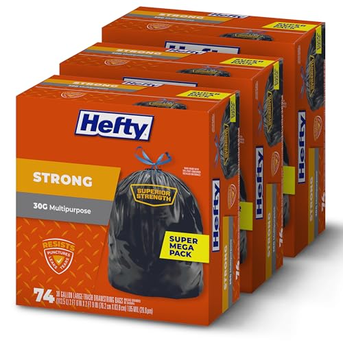 Image of Hefty Strong Large Trash Bags, Black, 30 Gallon, 74 Count per Pack (Pack of 3), 222 Bags Total