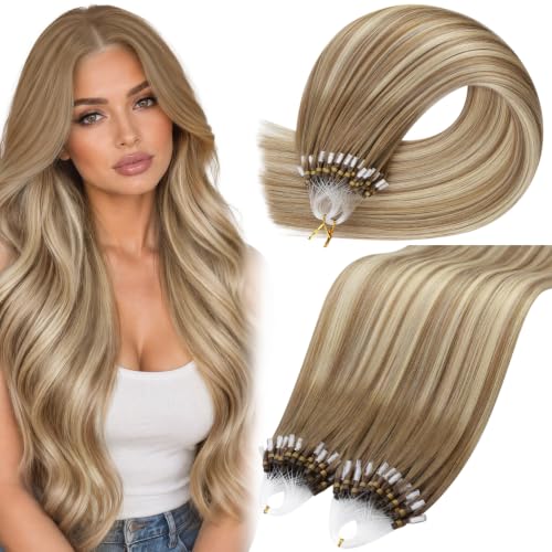 Moresoo Micro Bead Hair Extensions Real Human Hair, Brown Blonde Ombre