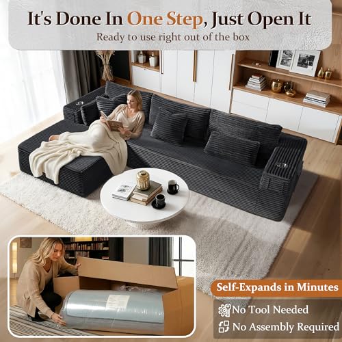 Image of 108 inch Oversized Cloud Sectional Couch, Comfort L Shaped Boneless Couch for Living Room, Extra Deep Seats No Assembly, Minimalist Modular Sofa, Corduroy (Dark Grey, 2 Seater+Left Facing Chaise)