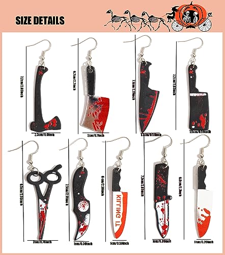 9 Pairs Halloween Earrings for Women Funky Spooky Quirky Earrings Bloody Knife Axe Dangle Earrings Creepy Acrylic Lightweight Acrylic Earrings Set Gifts Jewelry2