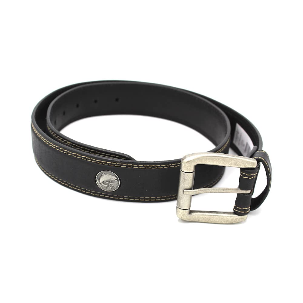 Black Double Stitch Genuine Leather Casual Men’s Belt with Trout Concho