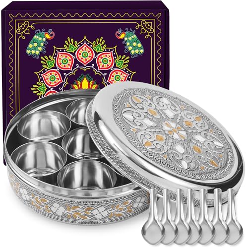 KSJONE Designer Spice Box, 7 Spice Jars, Holds 7 Spices, Steel Spice Container with 7 Spoons, Storage for Spices and dryfruits Indian Masala Dabba Gifts for Women, Mothers Day Gifts for Mom (8 Inch)