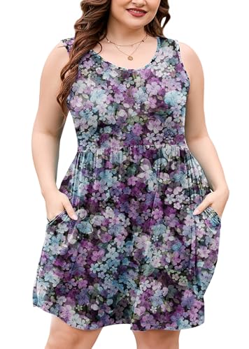 Image of AusLook Plus Size Summer Tank Dress for Women Casual Sleeveless Crewneck Pleated Babydoll Swing Sundresses with Pockets 1X-5X