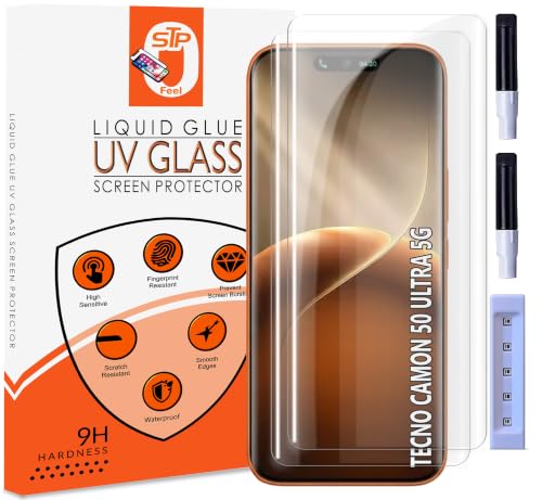 Image of STP FEEL Premium UV Tempered Glass Screen Protector Guard Compatible For Tecno Camon 50 Ultra 5G (6.78 Inch, Pack of 2) Full Adhesive UV Curved Case Friendly HD Clarity with easy installation kit