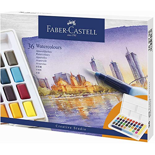 Faber-Castell 169736 - Aquarelle, 36 godets de couleur, y compris palette de mélange et pinceau à réservoir d'eau