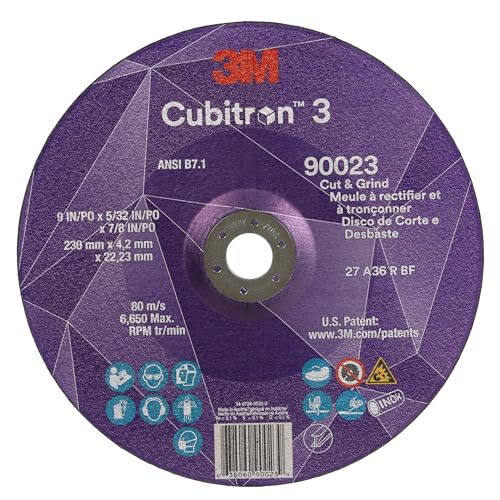 Image of 3M Cubitron 3 Cut and Grind Wheel, 90023, 36+, T27, 9 in x 5 /32 in x 7 /8 in, Pack of 10, ANSI, Longer Life, Faster Cut, Back-Gouging, Fillet Weld Removal, Cutting, Grinding
