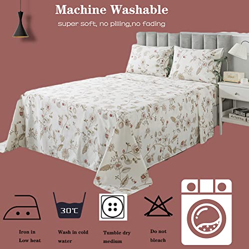 FADFAY Floral King Sheets Premium Cotton Beige Bed Sheet Shabby Vintage Chic Bedding Pink Flower Patterned Bowknot Design Soft Crisp Breathable Deep Pocket Fitted Sheets 17.5 inches 4Pcs by FADFAY - Image 7