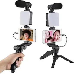 Tripé Estabilizador de Mão Kit 5 em 1 Gimbal Microfone Celular Gravação De Vídeo