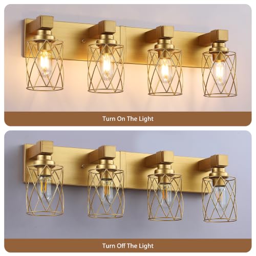 Image of Bathroom Light Fixtures, 4 Light Brushed Gold Wood Vanity Lights