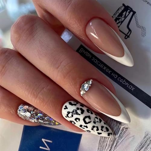 French Tips Press on Nails White with Drill Leopard Print