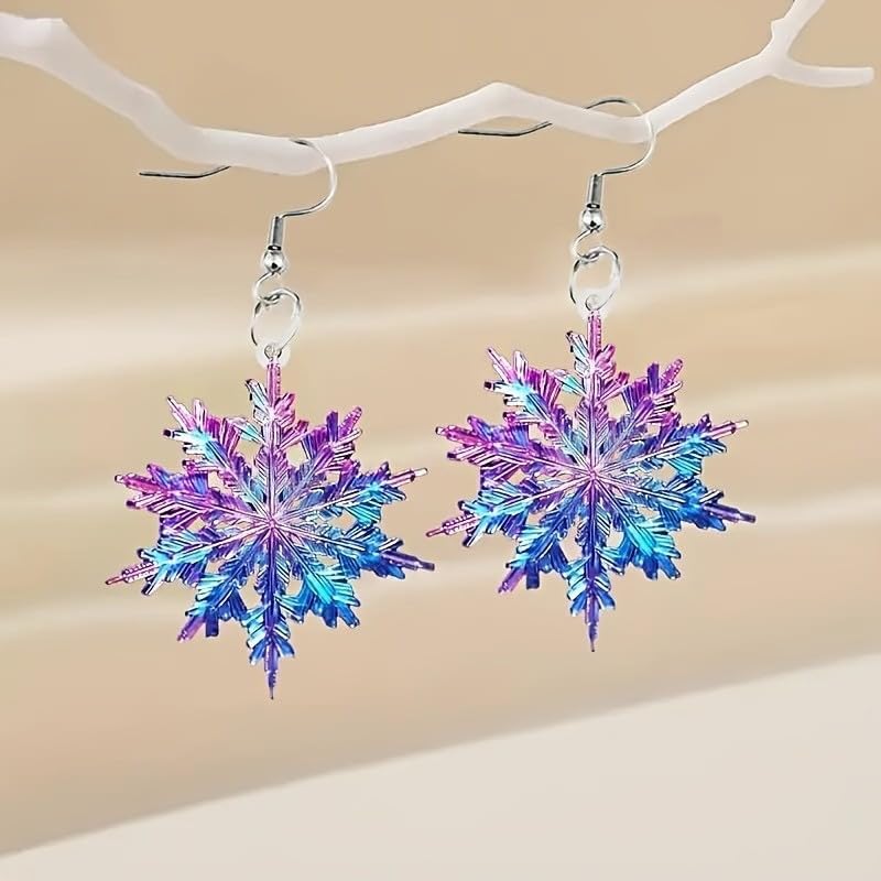 Blue Purple Snowflake Acrylic Dangling Hook Christmas Earrings for Women Lightweight Statement Ice Flower Dangle Drop Earring Winter Xmas Party Festival Jewelry Gift Accessories - Image 3