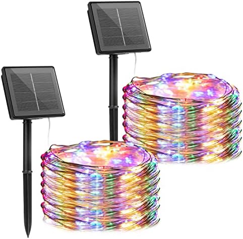 Brightown Outdoor Solar String Lights, 2 Pack 33 Feet 100 Led Solar Fairy Lights Waterproof Decoration Copper Wire Lights with 8 Modes for Indoor Outdoor Patio Yard Trees Party Decor(Multicolor)