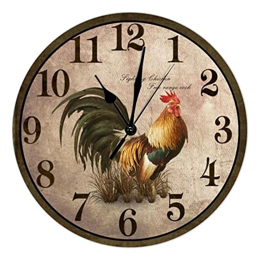 Rustic Rooster Chicken Wooden Wall Clock Kitchen Decor Fighting Rooster Round Decorative Clocks Battery Operated 10 Inch Non-Ticking Shabby Chic Home Decor for Living Room Bedroom Office