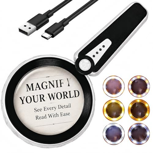 45X Magnifying Glass with Light, 4.6 Inch 1200mAh USB Rechargeable Large Handheld Magnifier, 6 Color Modes, Perfect for Low Vision Seniors, Macular Degeneration & Fine Print (Black)