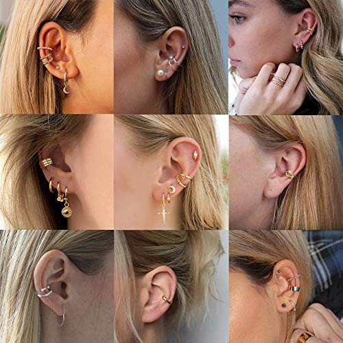 Subiceto 12 PCS Ear Cuff Dainty Helix Earrings Huggie Stud for women Earring Set Silver - Thumbnail 2