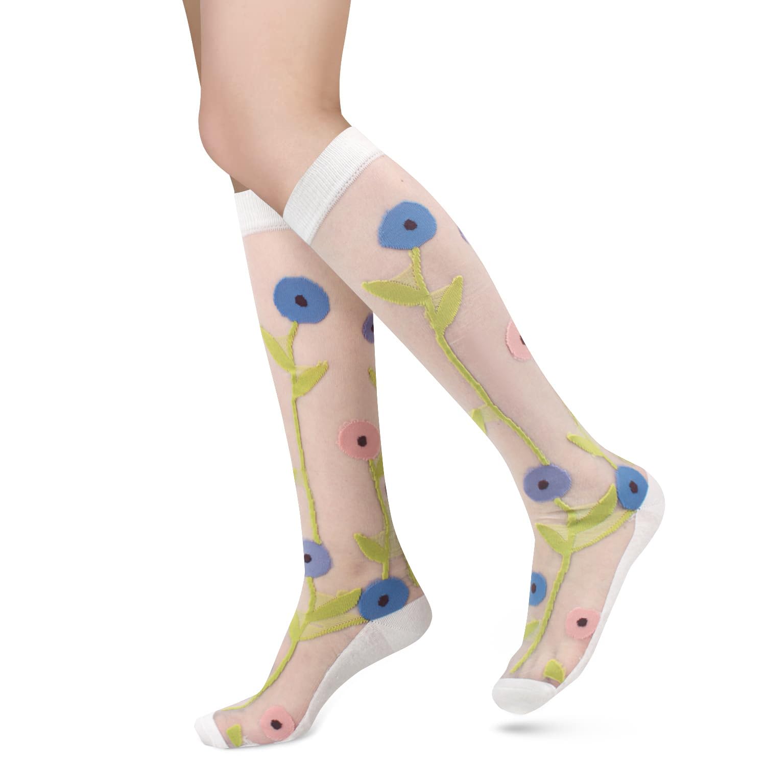 Womens Lace Knee High Socks Girls Nylon Knee Highs Sexy Sheer Trouser Socks Black White Mesh Fishnet Stockings