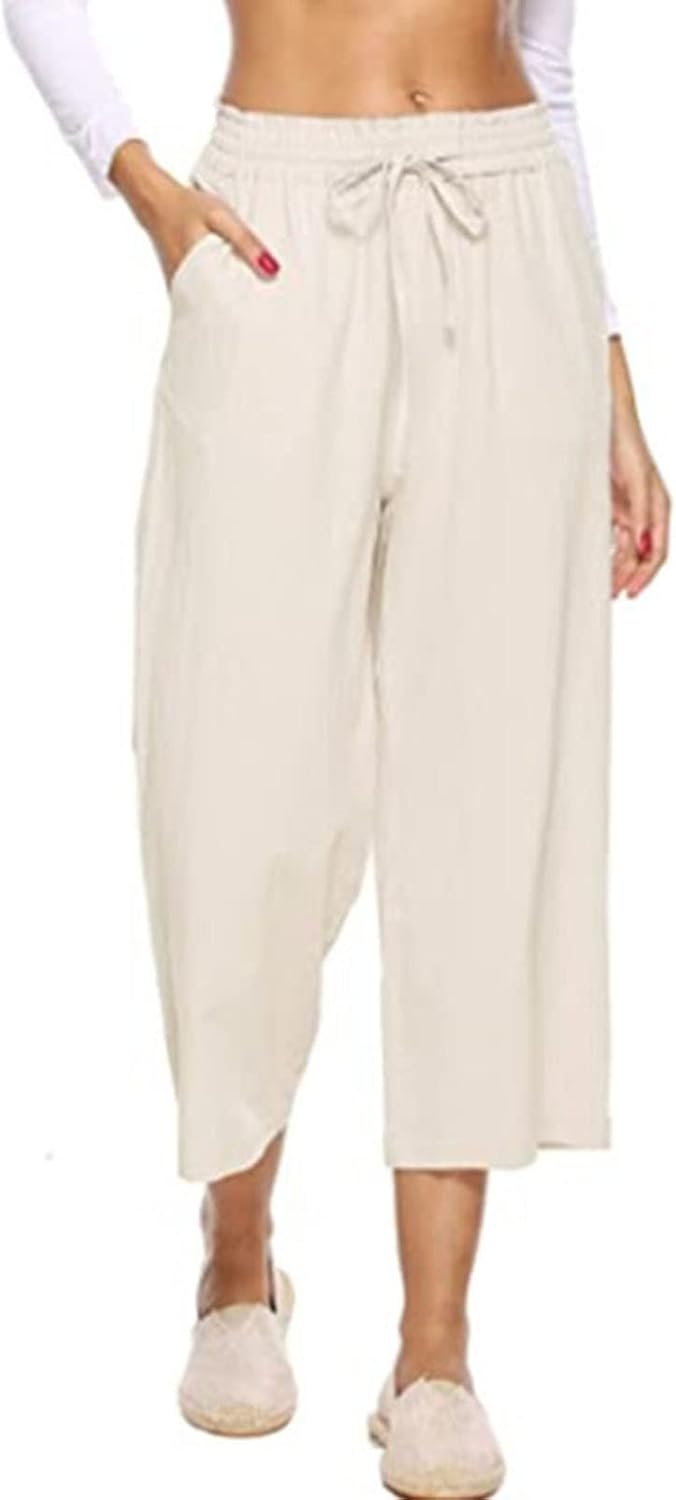 DGHM-JLMY Women Cotton Linen Wide Leg Casual Drawstring Waist Smocked Lounge Loose Beach Pants Ankle Length Trousers